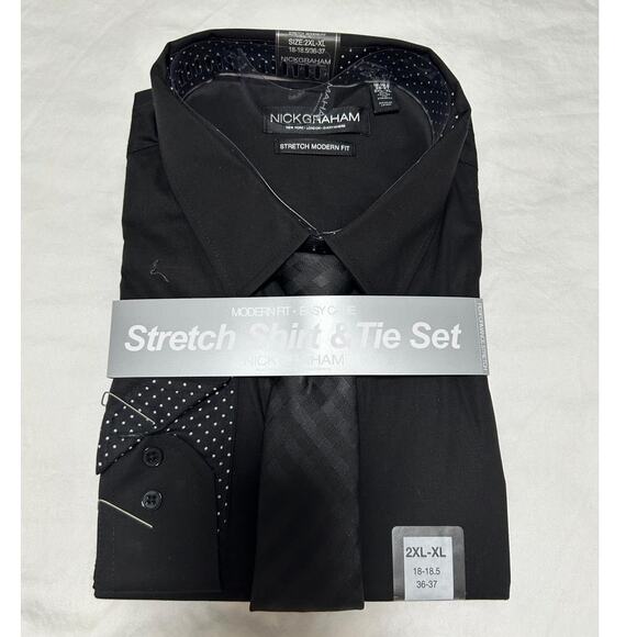 Nick Graham Mens Black Stretch Shirt Tie Set Modern Fit 2XL (18 - 18.5) 36/37 - Picture 1 of 5